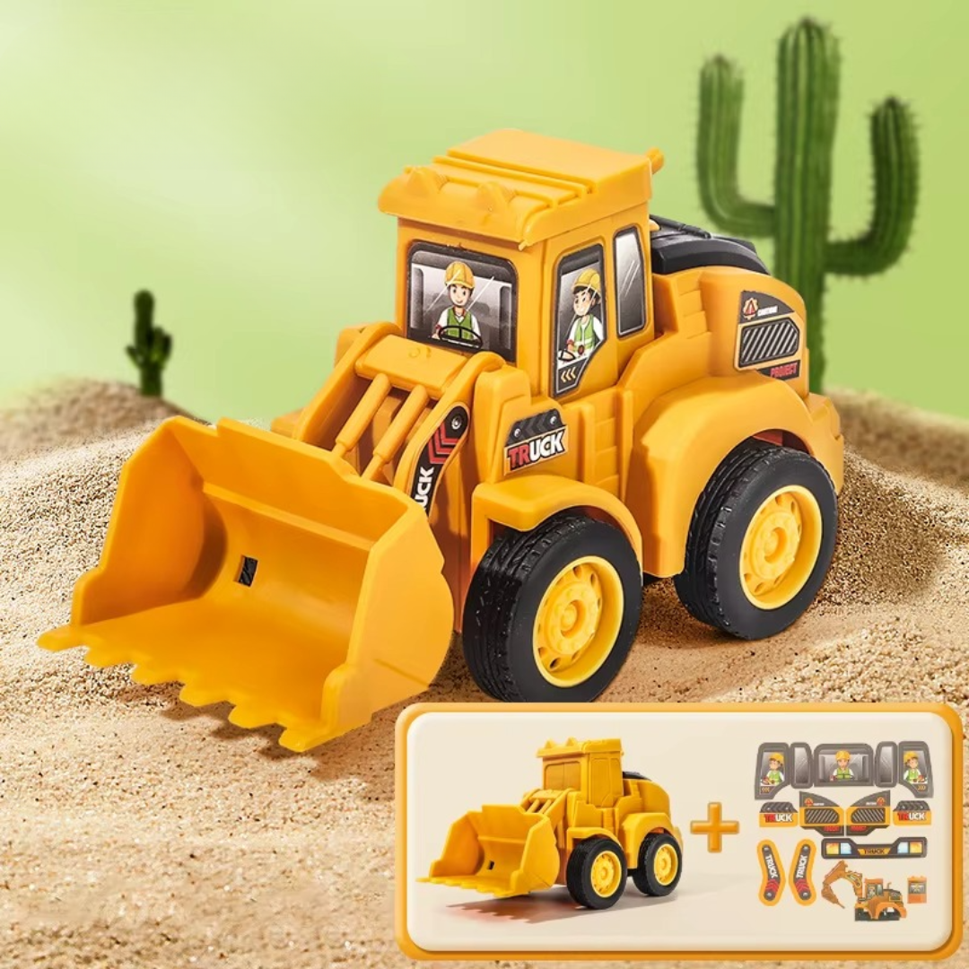 Yellow toy front loader with a wide bucket and black wheels