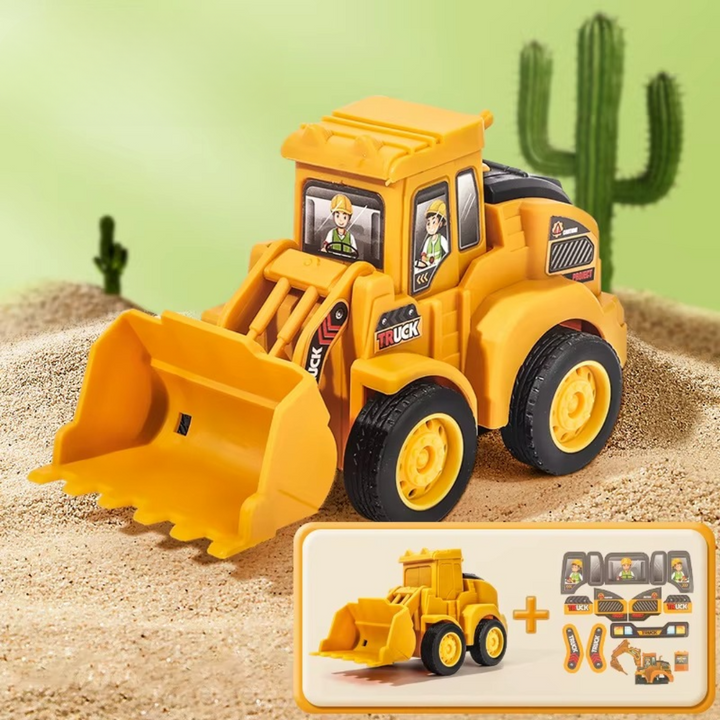 Yellow toy front loader with a wide bucket and black wheels