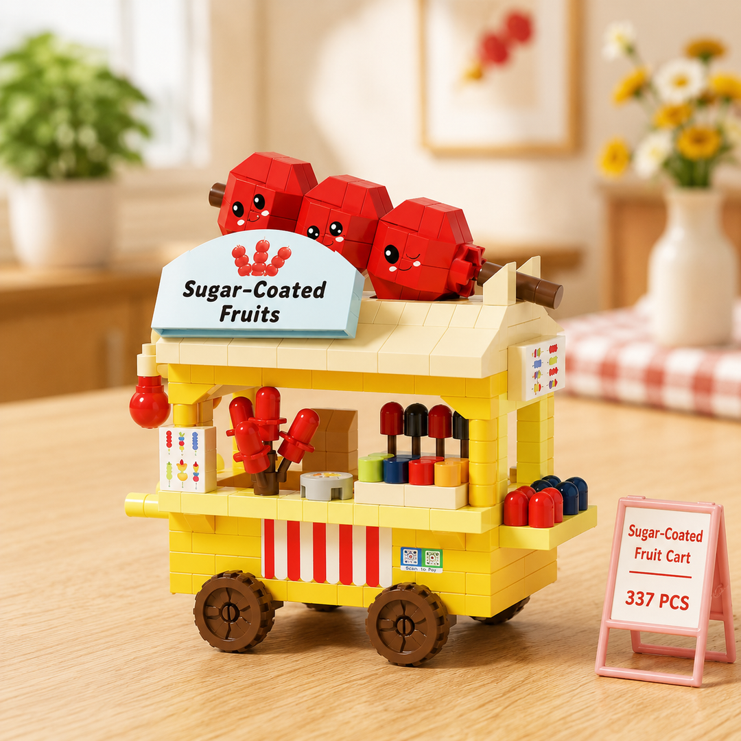 Yellow fruit cart block model with red fruit decorations, wheels and a striped counter.