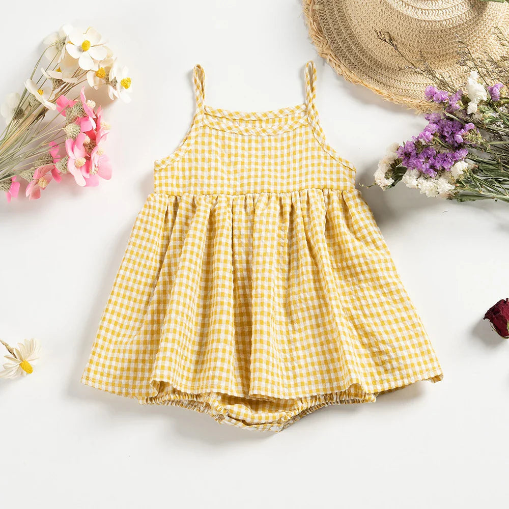 Yellow gingham baby dress romper with shoulder straps and a gathered skirt