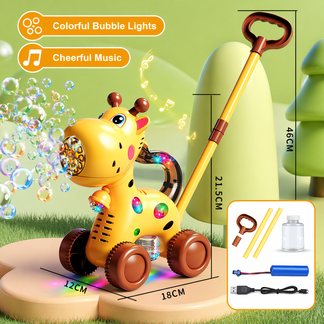 Yellow giraffe bubble push cart with light effects, handle, dimensions and accessories.