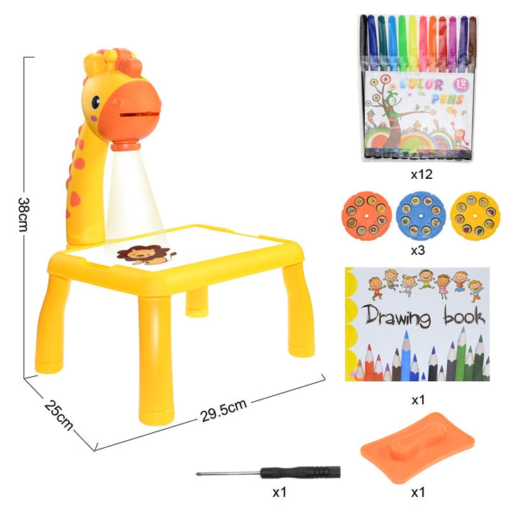 Yellow giraffe drawing projector with measurements, three picture discs, coloring pens and drawing book