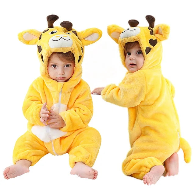 Front and back views of a yellow giraffe baby romper with a giraffe-face hood and tail.