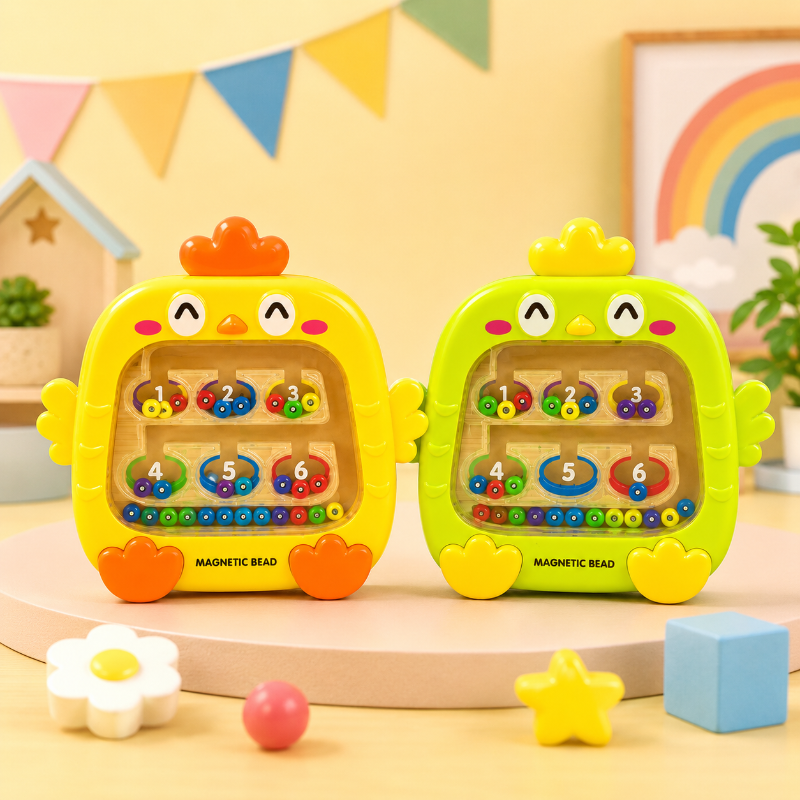 Yellow and green chick-shaped magnetic mazes with clear covers and colorful beads.