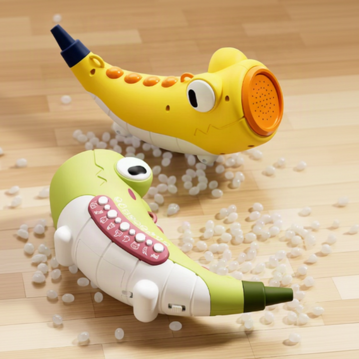 Yellow and green crocodile sound toys showing their top buttons and side controls
