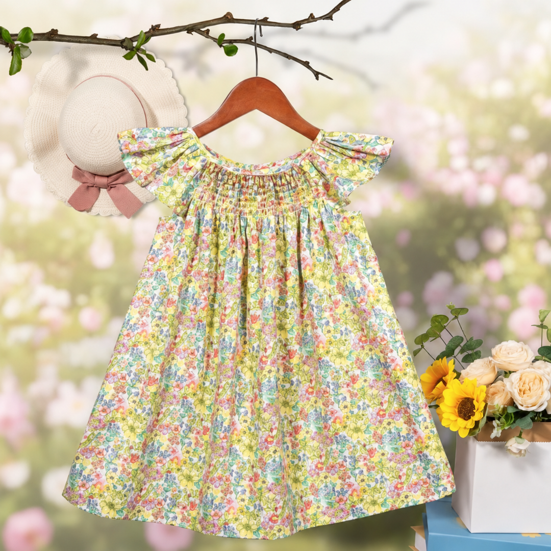 Yellow-green floral dress with pink accents, flutter sleeves, and a smocked bodice.