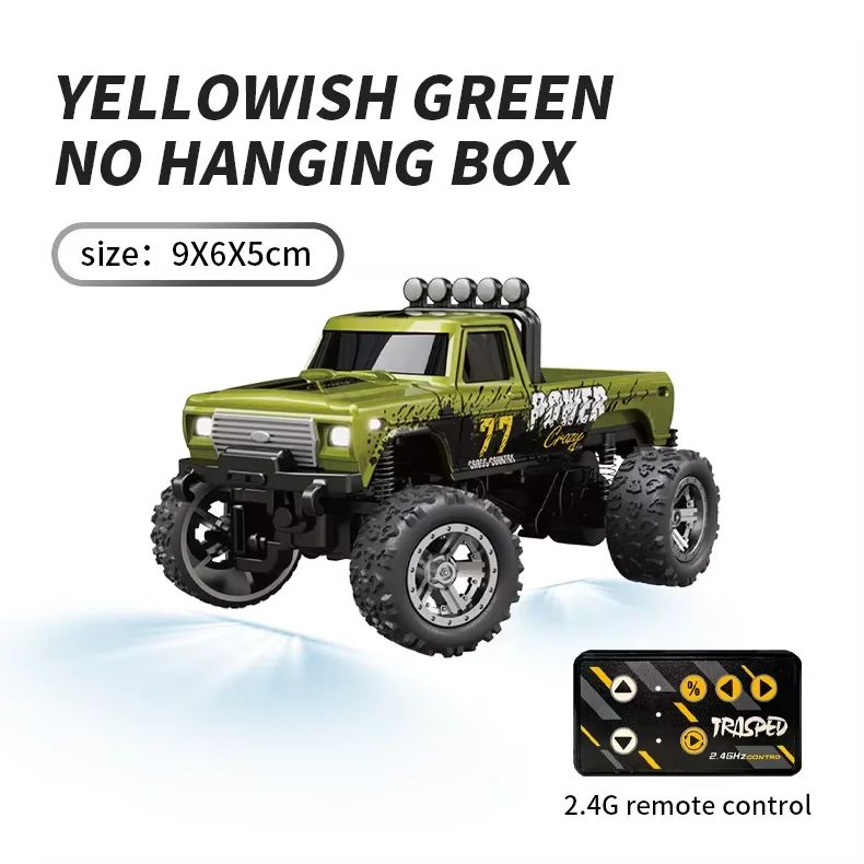 Yellow-green mini RC truck with black racing graphics and a compact remote.