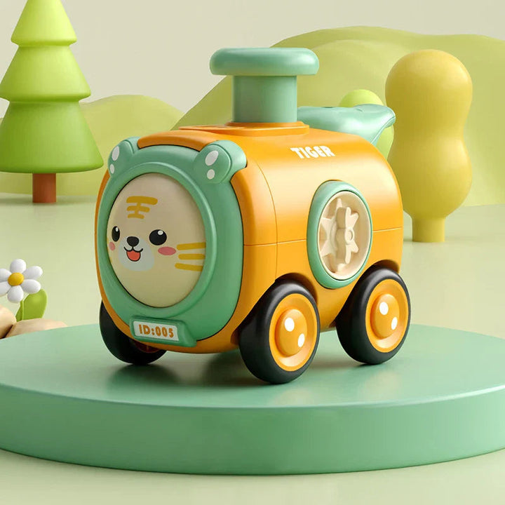Yellow and green tiger toy train with a striped animal face and green chimney.