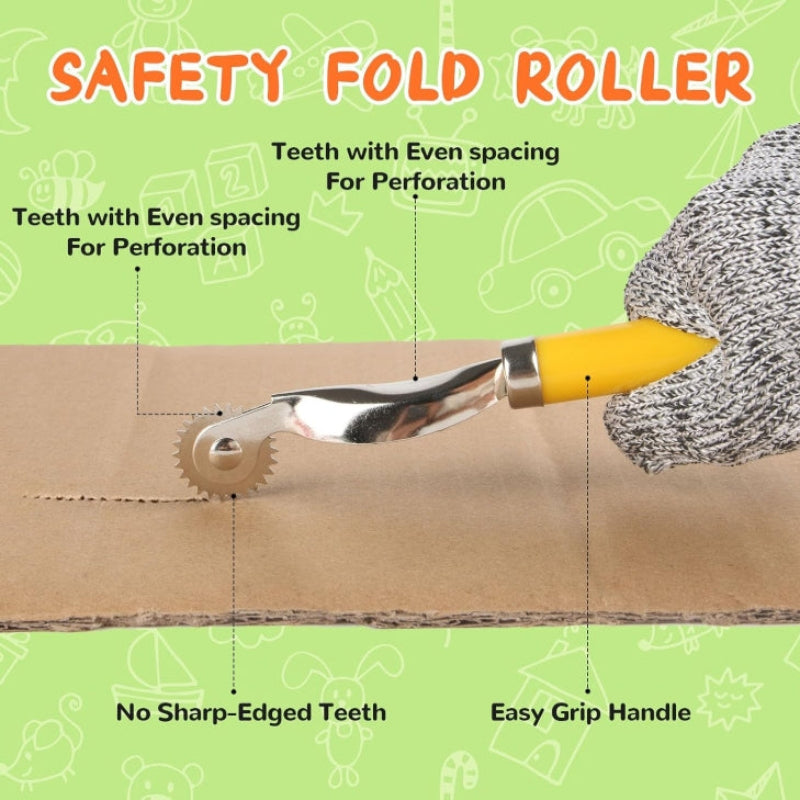 Yellow-handled folding roller making a perforated line in a piece of cardboard