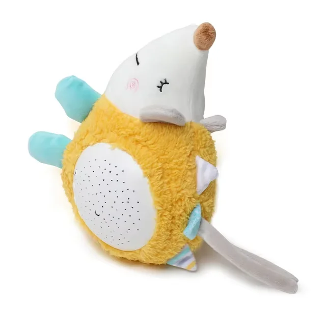 Yellow hedgehog plush night light with a white star-pattern projector panel