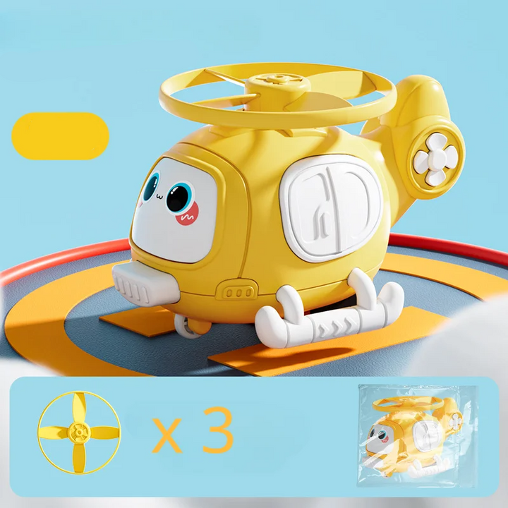 Yellow helicopter toy with a graphic showing three matching rotor discs