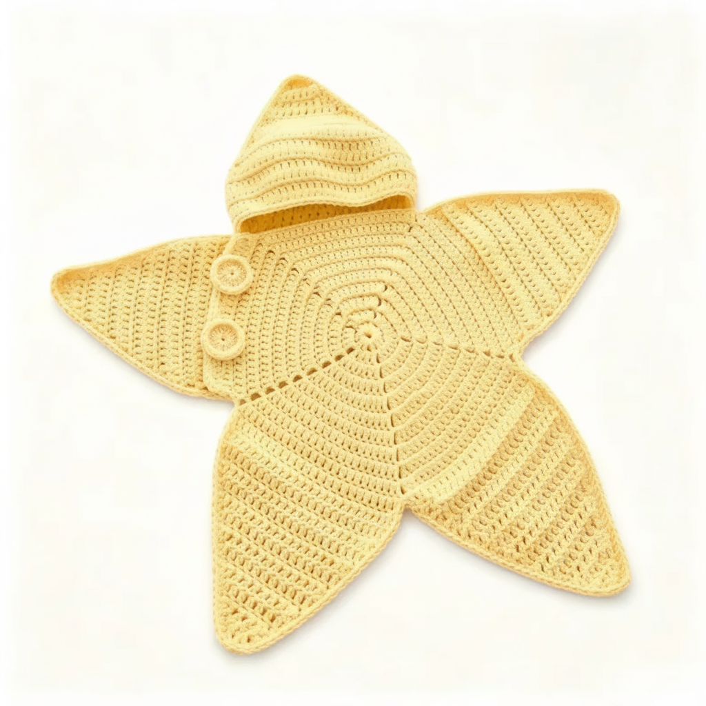 Yellow hooded star-shaped baby jumpsuit with textured knitting and two front buttons