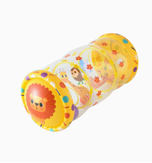 Yellow inflatable baby roller with a lion illustration on the end and a clear printed center