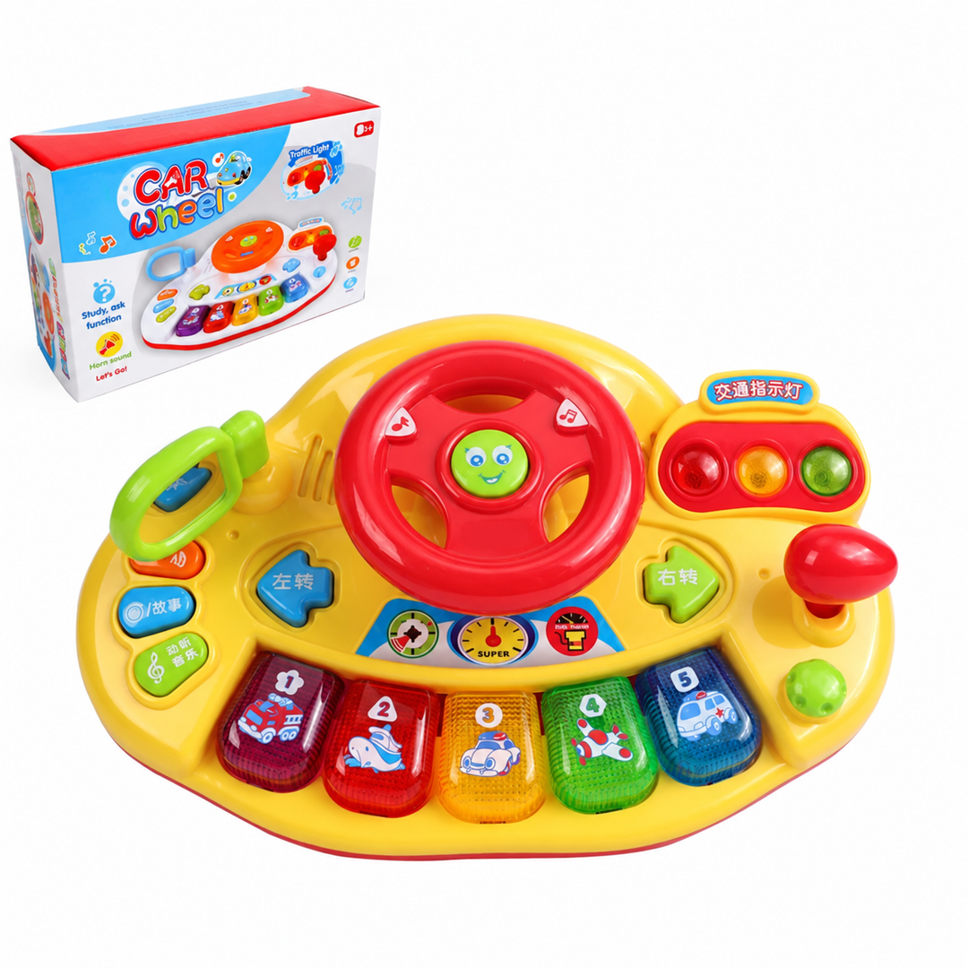 Yellow steering wheel and keyboard toy shown with its retail box