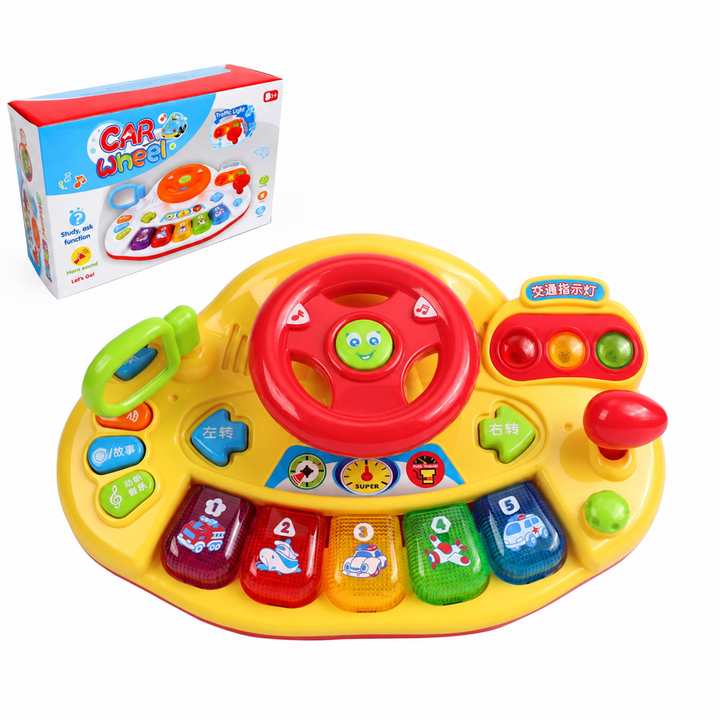 Yellow steering wheel and keyboard toy shown with its retail box