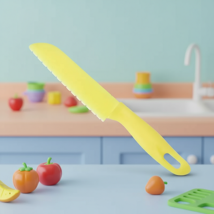Yellow serrated kitchen knife displayed above a blue countertop