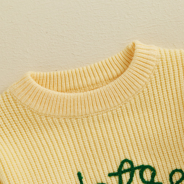 Ribbed crew neckline on the yellow knit sweater.