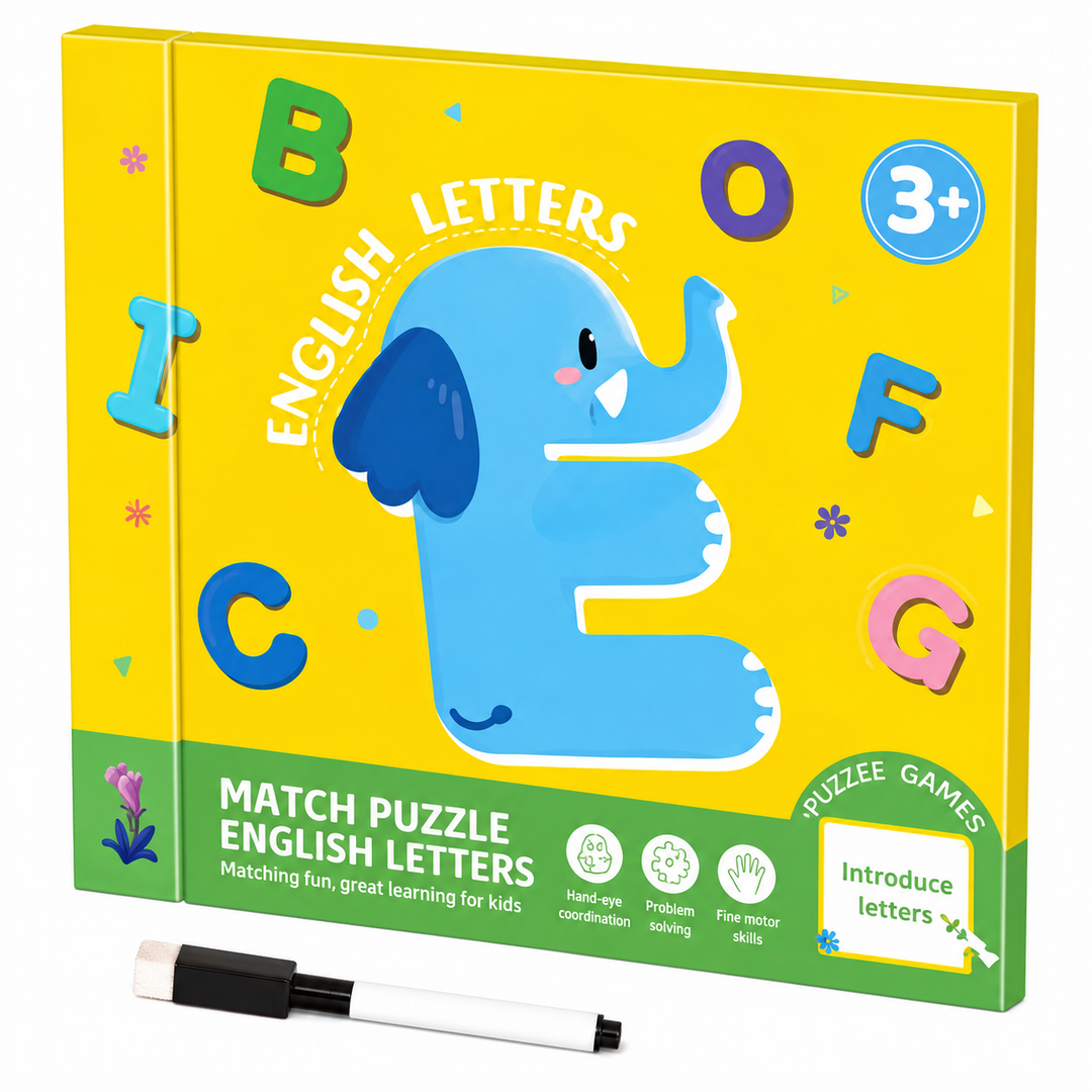 Yellow Letters puzzle book with an elephant-shaped letter E and a drawing pen below.