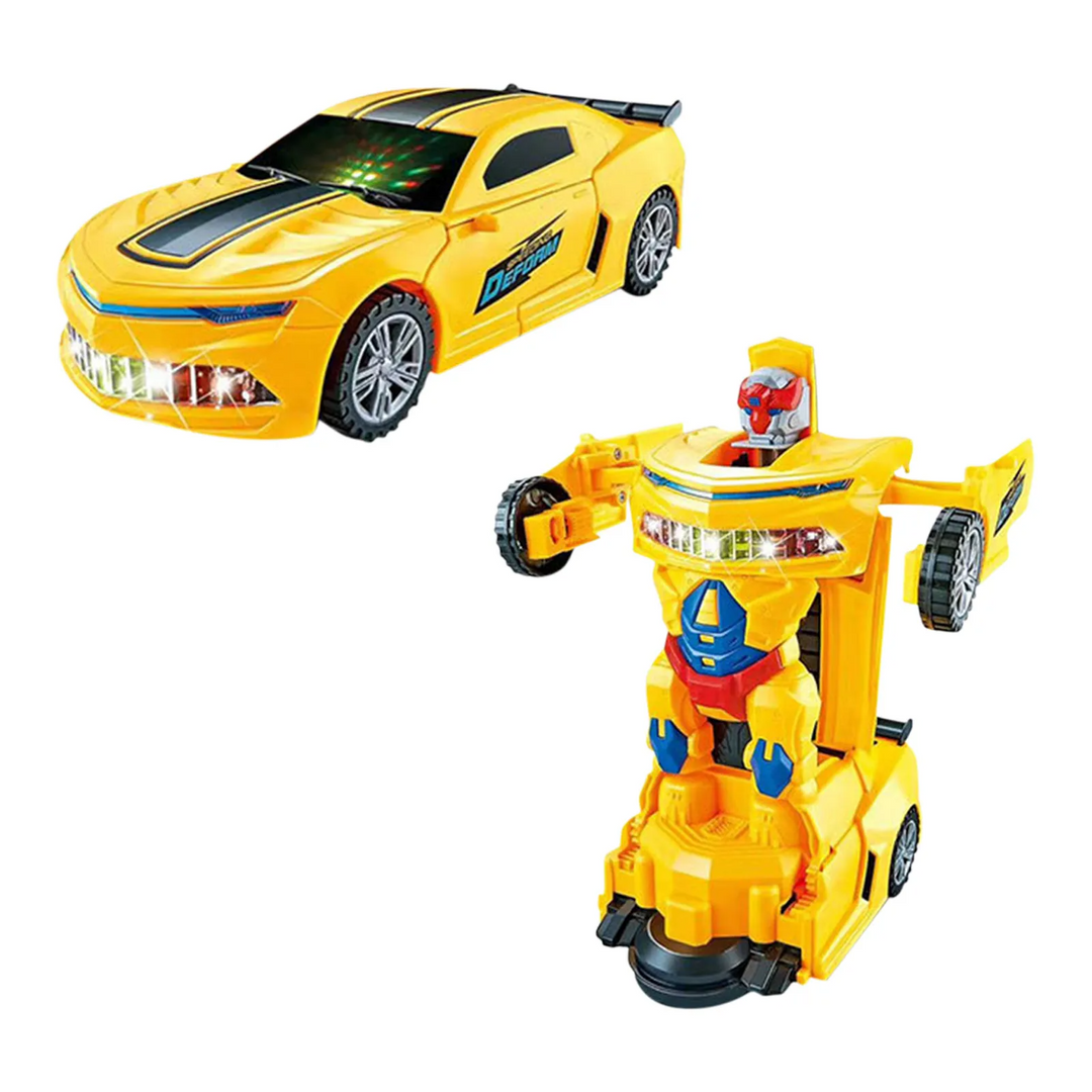 Yellow light-up sports car toy shown in car and robot forms
