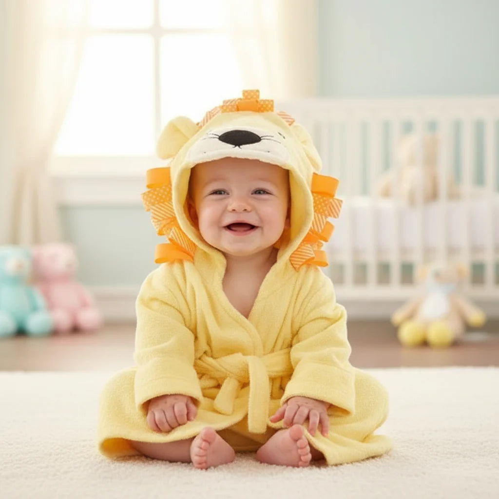 Baby wearing a yellow lion bathrobe with a face and orange mane around the hood