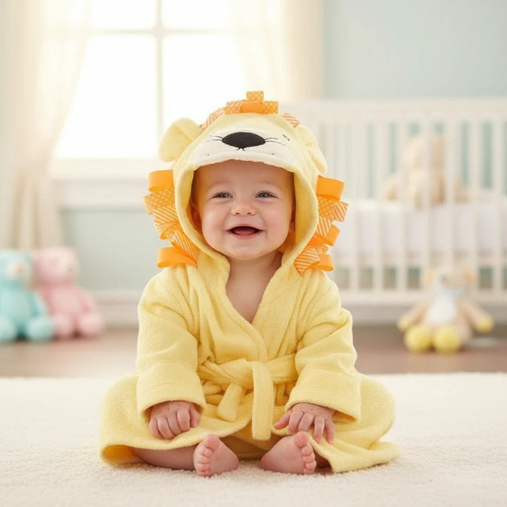 Baby wearing a yellow lion bathrobe with a face and orange mane around the hood