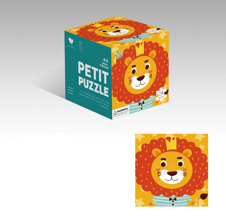 Lion portrait jigsaw puzzle and matching box with bright yellow artwork