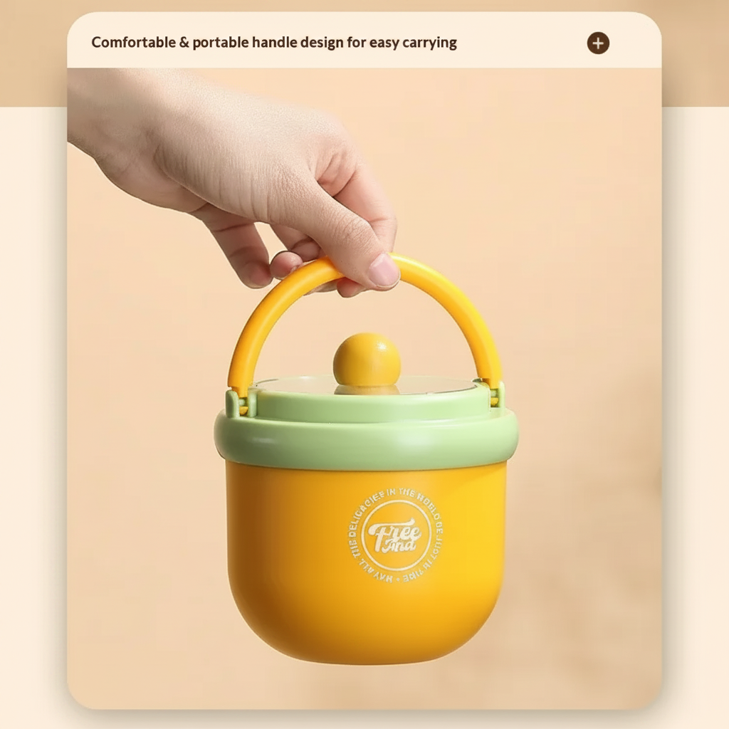 Hand carrying a closed yellow lunch bowl by its raised handle.