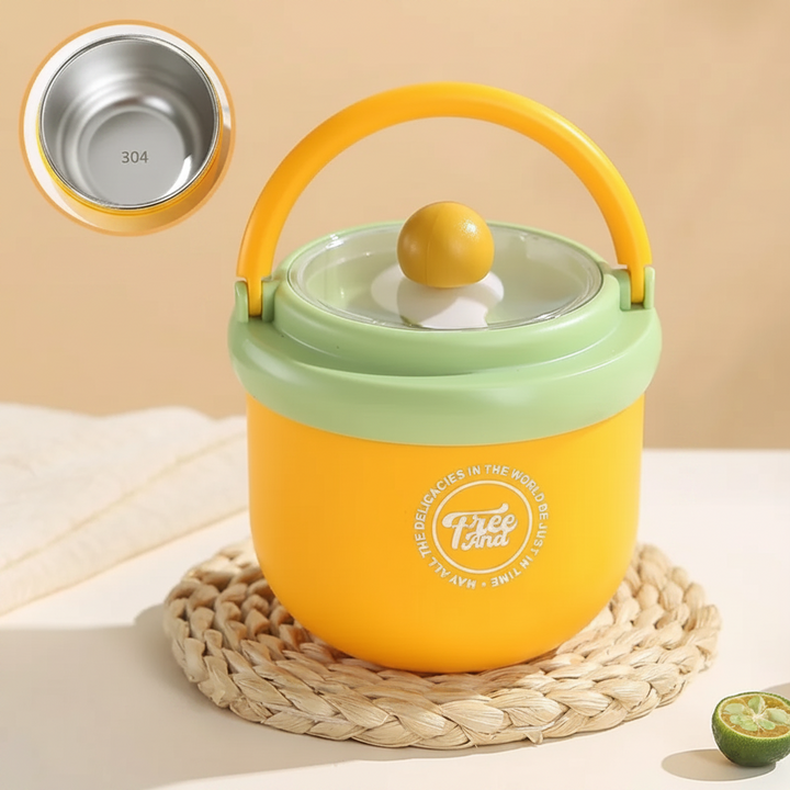 Yellow lunch bowl with a green-rimmed lid, carry handle, and steel interior inset.