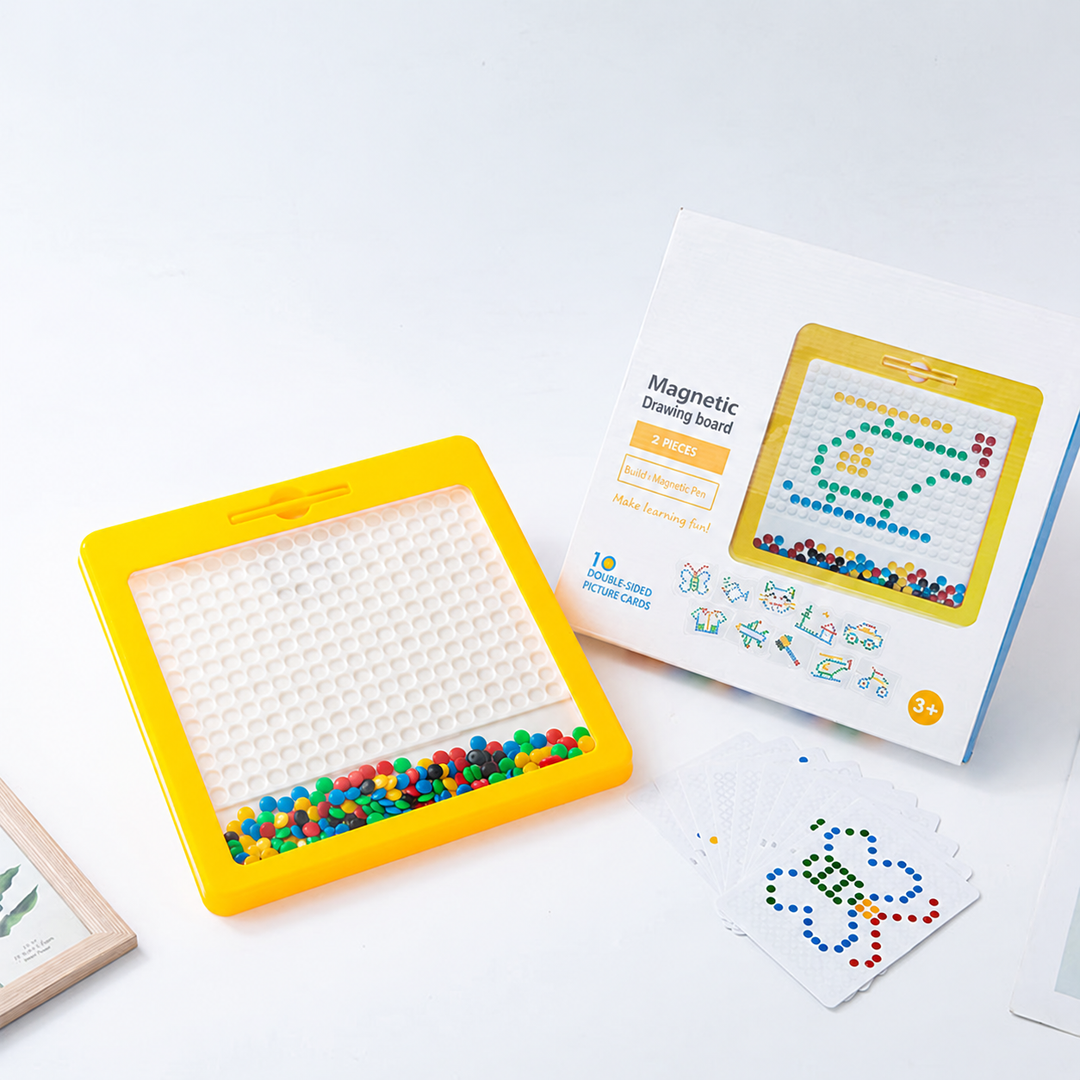 Yellow magnetic drawing board with colored beads, picture cards, and its box
