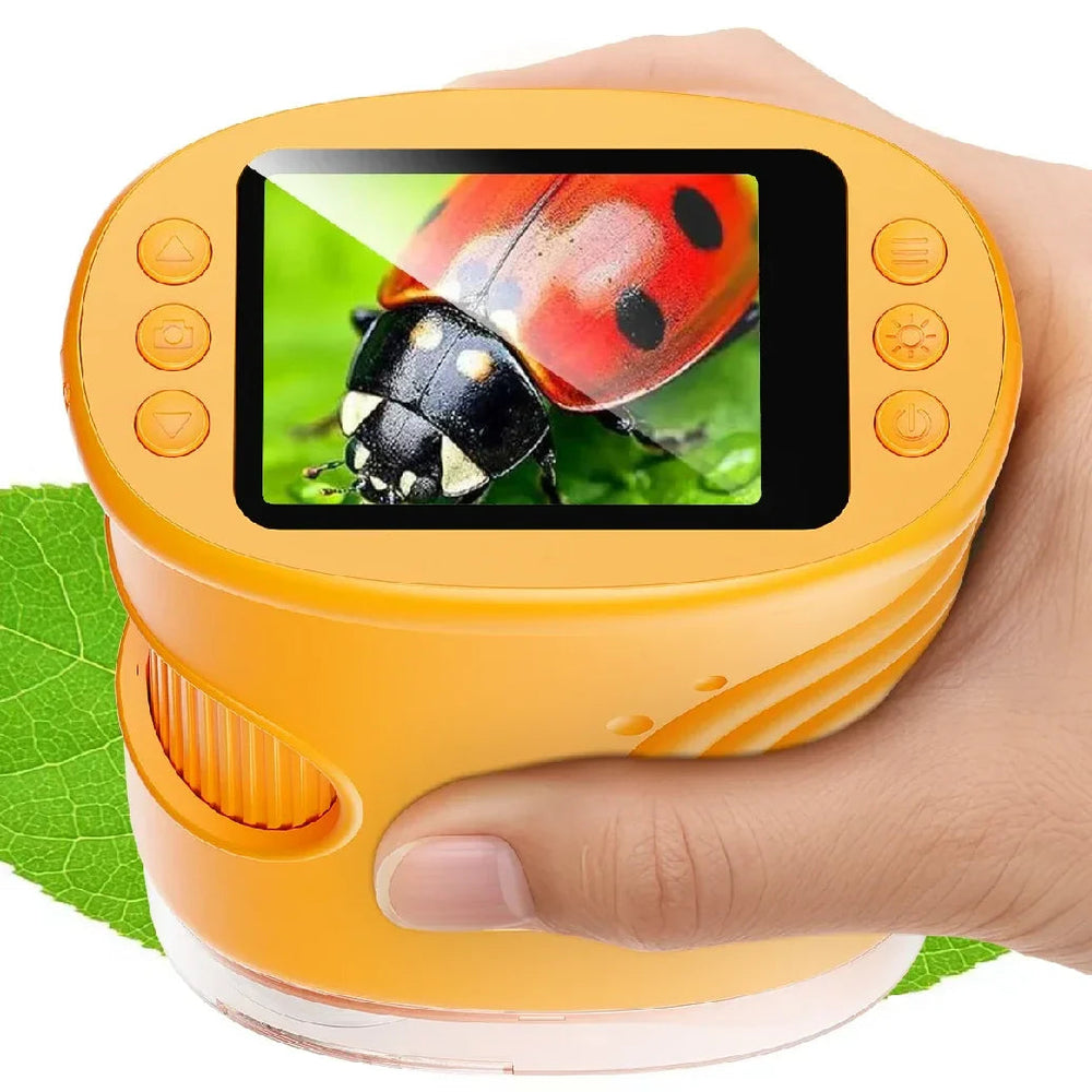 Yellow digital microscope held over a leaf, with a ladybug displayed on its screen