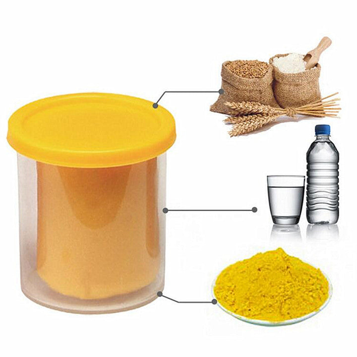 Yellow modeling clay tub beside illustrations of flour, water, and yellow powder