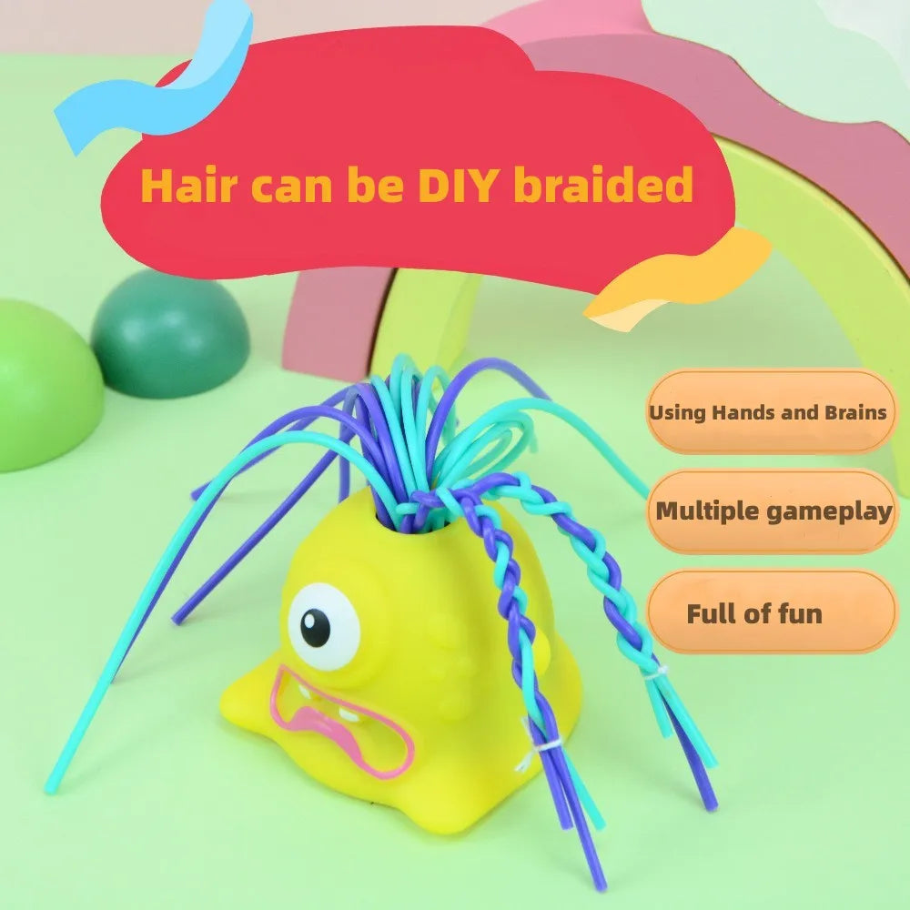 Yellow monster stress toy with some of its colorful hair braided