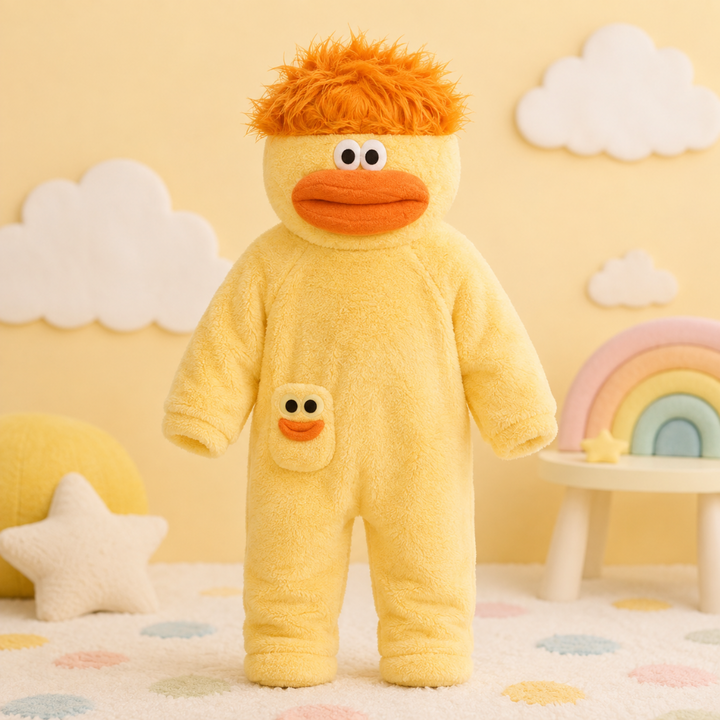 Yellow monster onesie with orange hood hair and a matching monster-face detail on the front