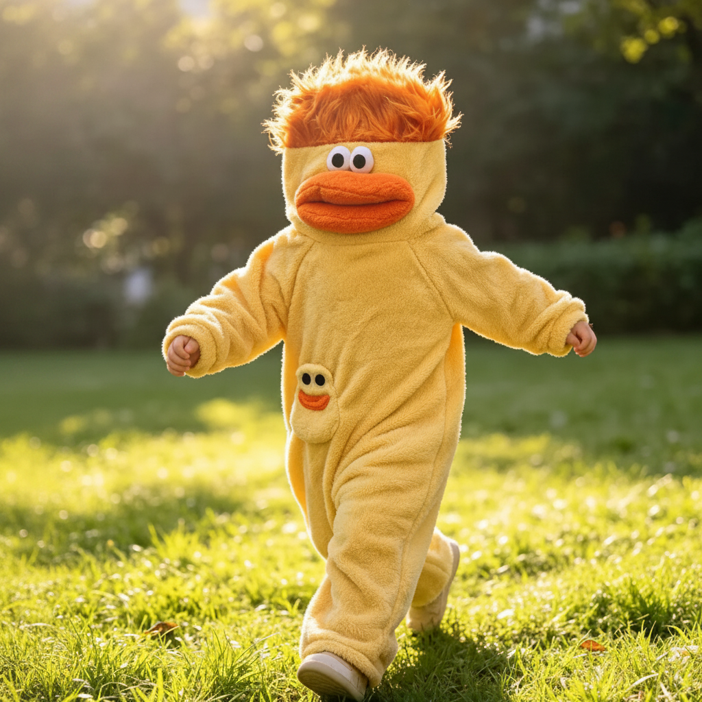 Child walking outdoors in a yellow monster onesie with an orange-haired hood