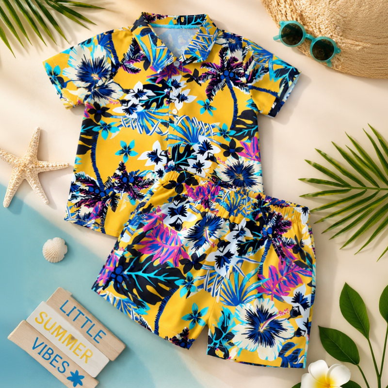 Yellow shirt and matching shorts with multicolored tropical flowers and leaves