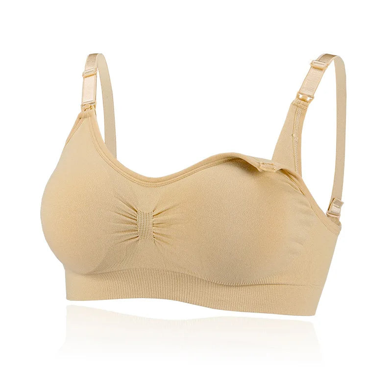Pale yellow nursing bra with adjustable shoulder straps and a gathered center.
