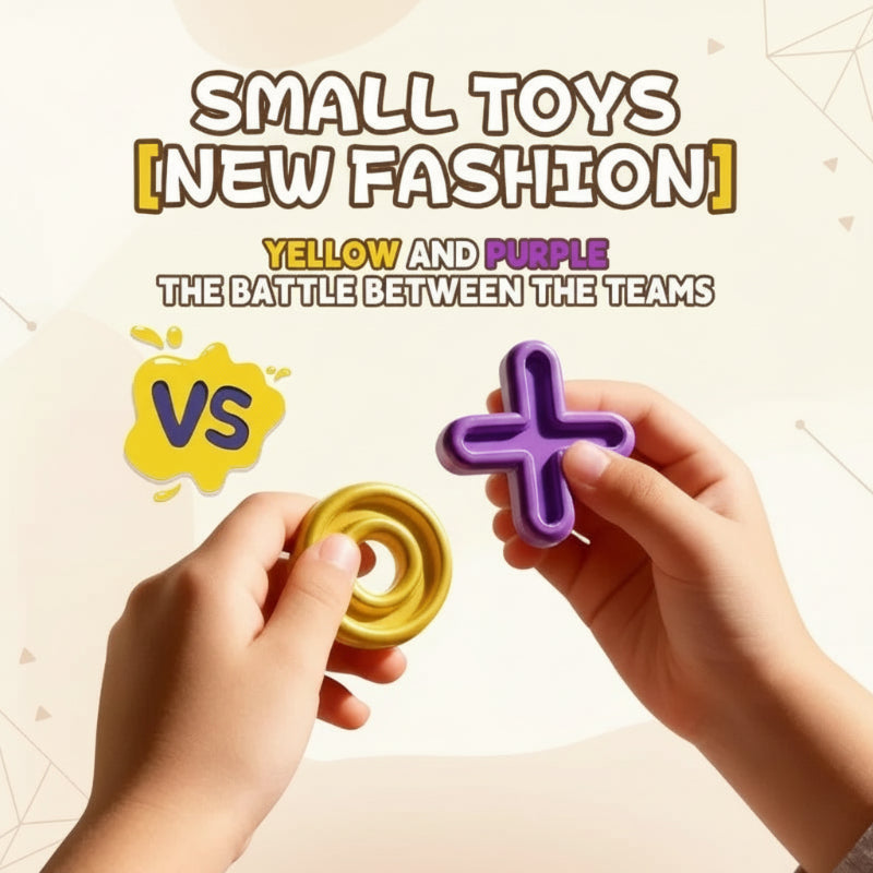 Hands holding a yellow O playing piece and a purple X playing piece