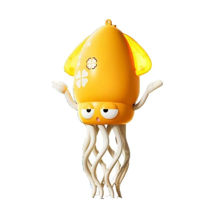 Yellow octopus toy with translucent side fins and wavy cream-colored tentacles