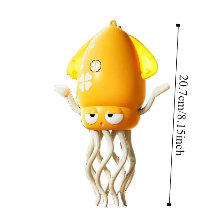 Yellow octopus toy beside a height measurement guide