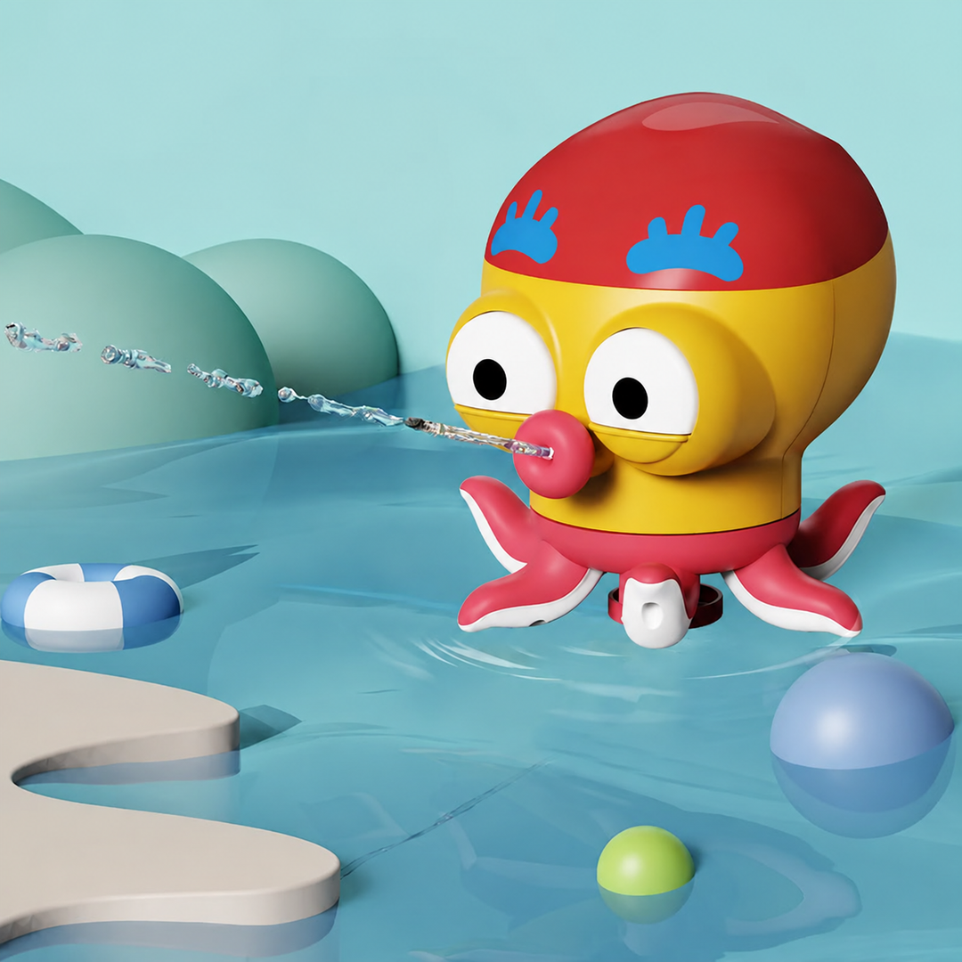 Yellow octopus bath toy with a red top spraying water from its mouth