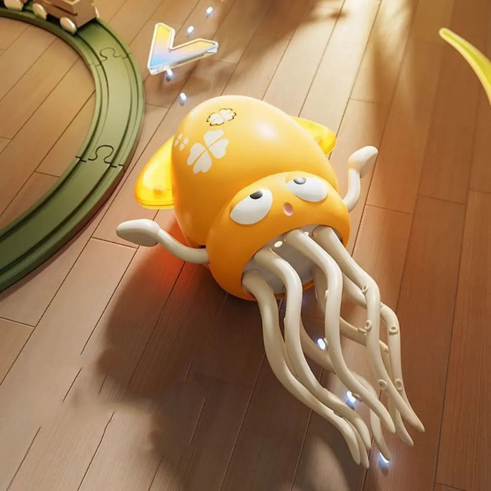 Yellow octopus toy with wavy cream-colored tentacles on a wood floor