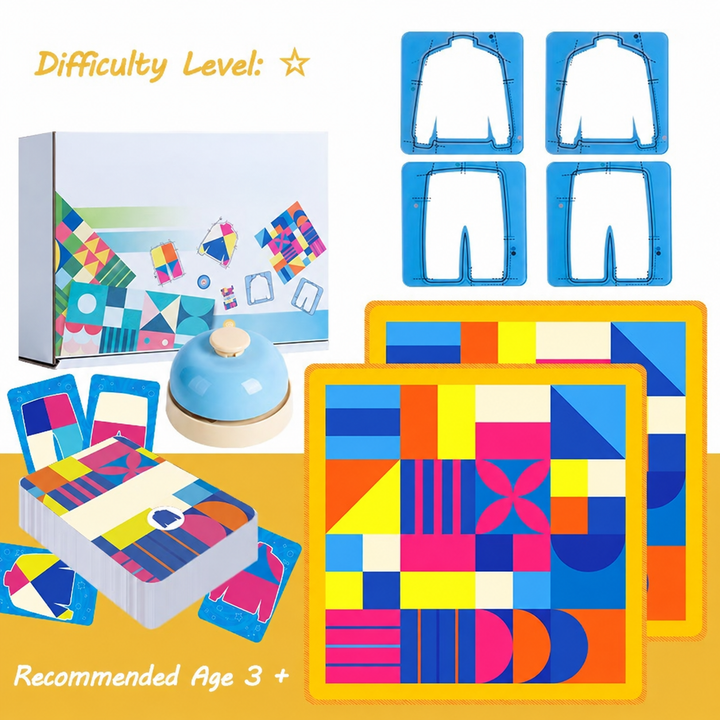 Yellow pattern-matching game with clothing-shaped frames, goal cards, and a bell, labeled ages 3+.