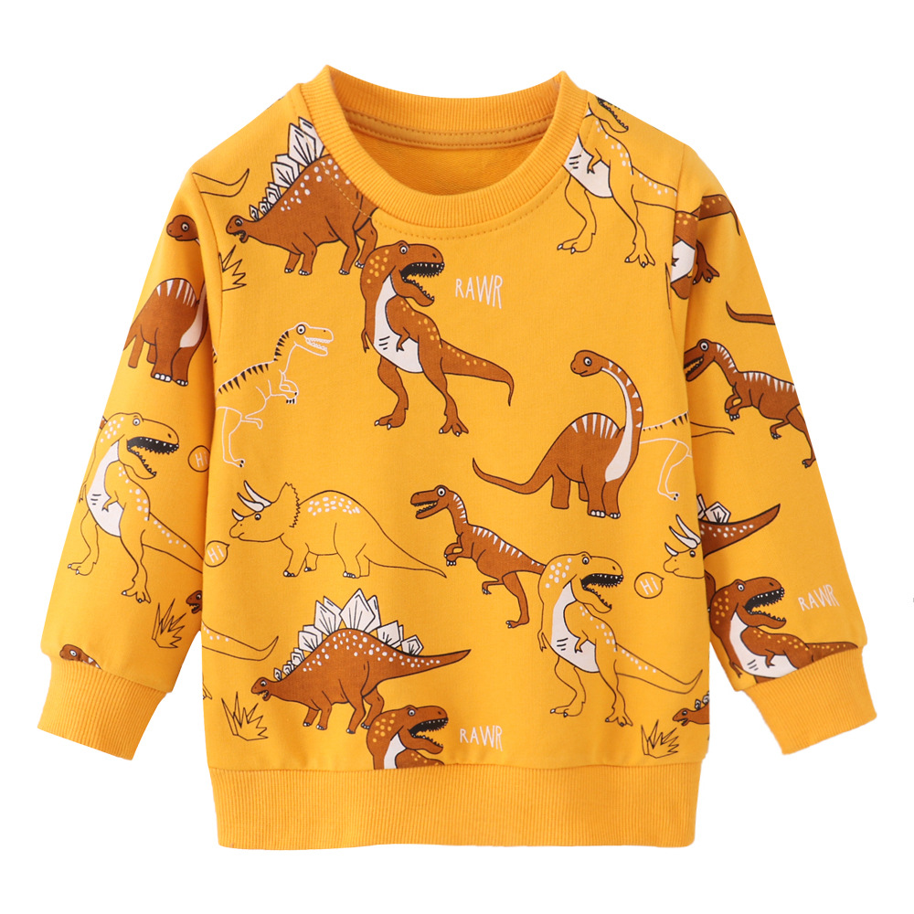 Yellow crewneck sweatshirt with orange and brown dinosaur prints