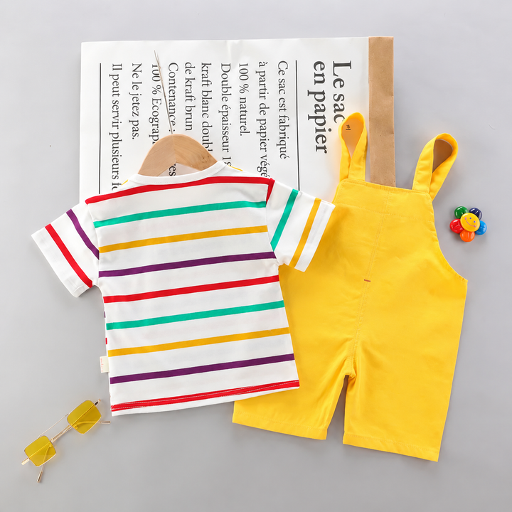 Back view of the striped short-sleeve shirt and yellow short overalls laid side by side