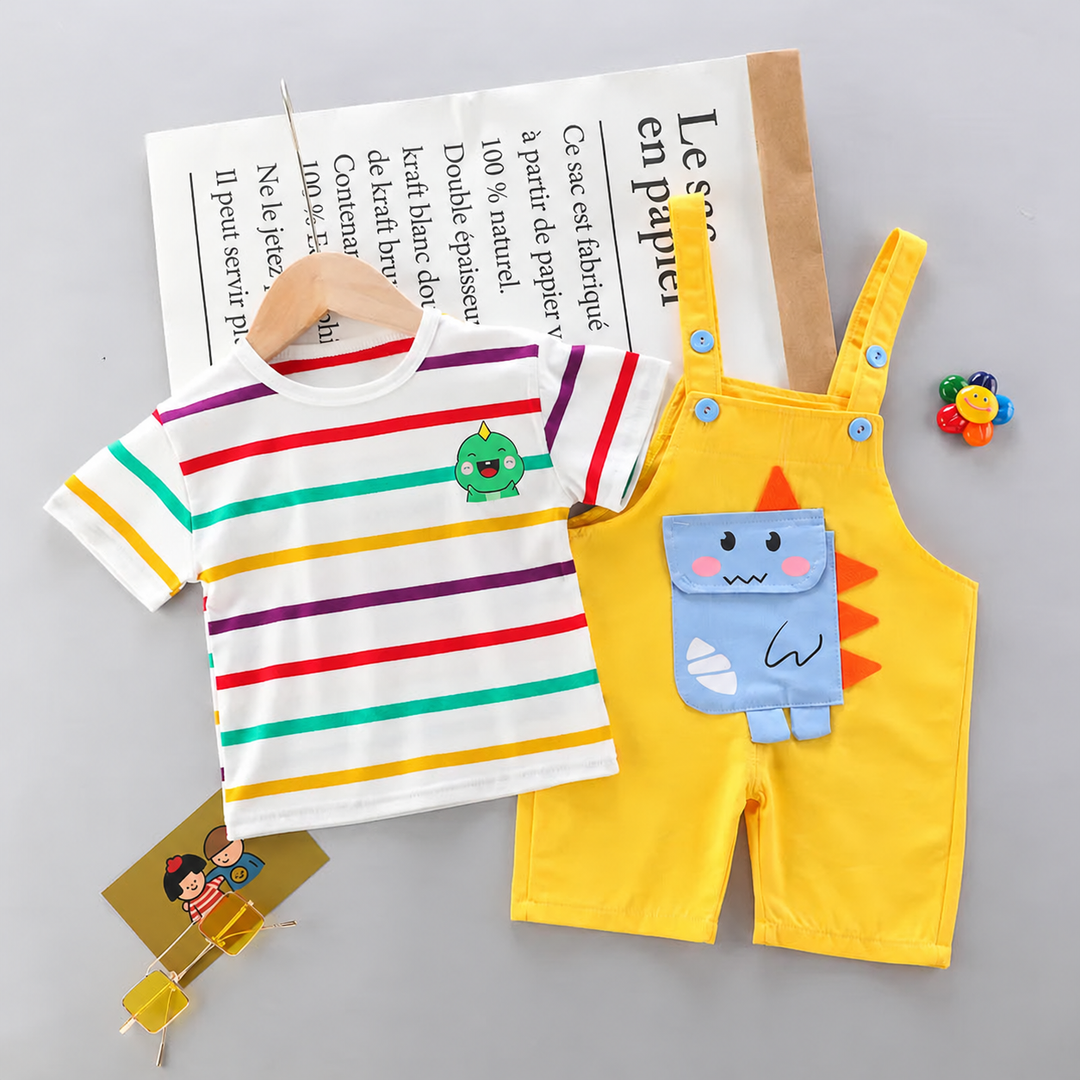 Front view of a striped shirt beside yellow short overalls with a blue dinosaur applique
