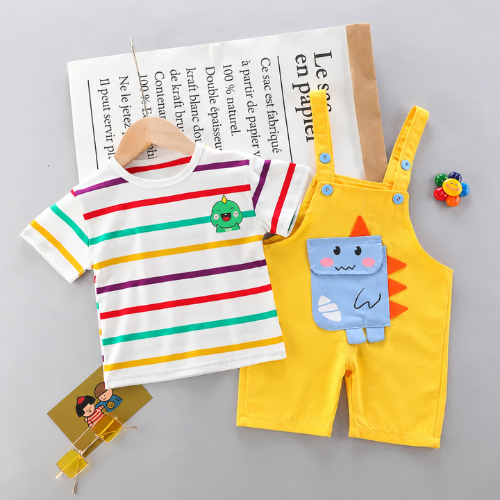 Front view of a striped shirt beside yellow short overalls with a blue dinosaur applique