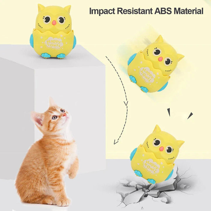 Yellow owl toy car shown in an ABS material and drop illustration beside a kitten.