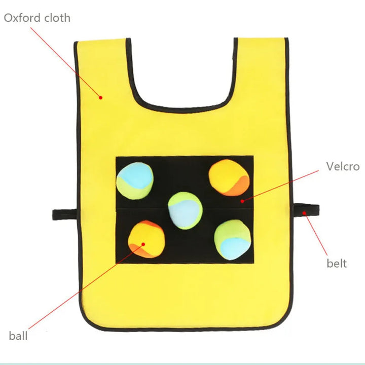 Yellow Oxford fabric game vest with labeled catch panel, side strap, and attached balls