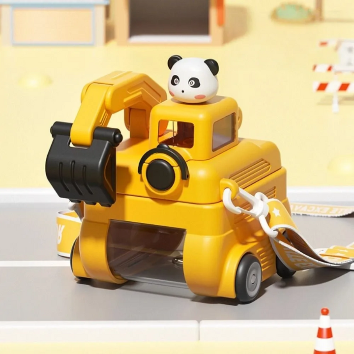 Yellow excavator water bottle with a panda topper, black scoop, and carrying strap
