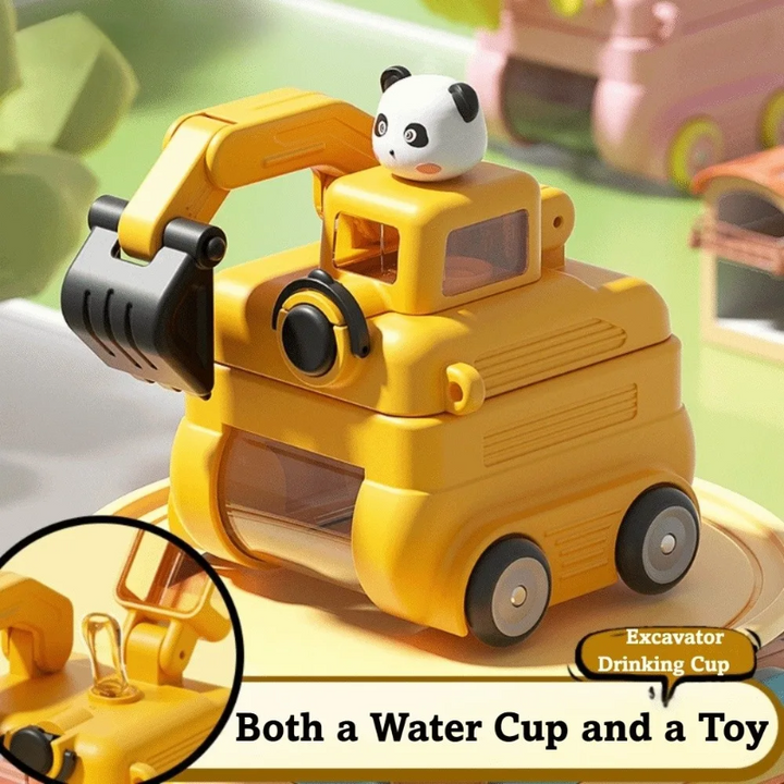 Yellow panda excavator water bottle with a close-up of its straw opening